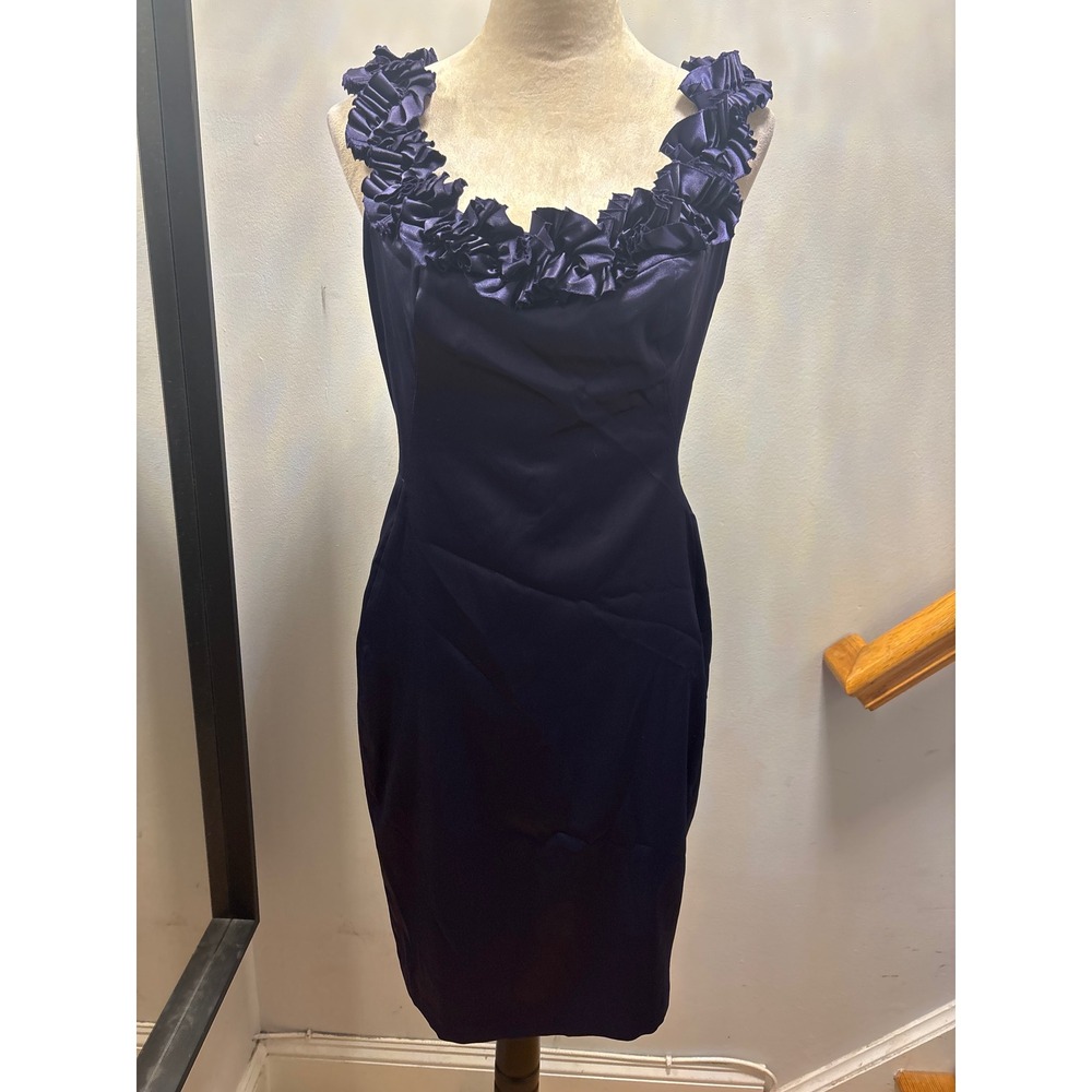 London Times Satin Ruffle Neck Cocktail Dress Womens Navy Blue Sheath sz 8